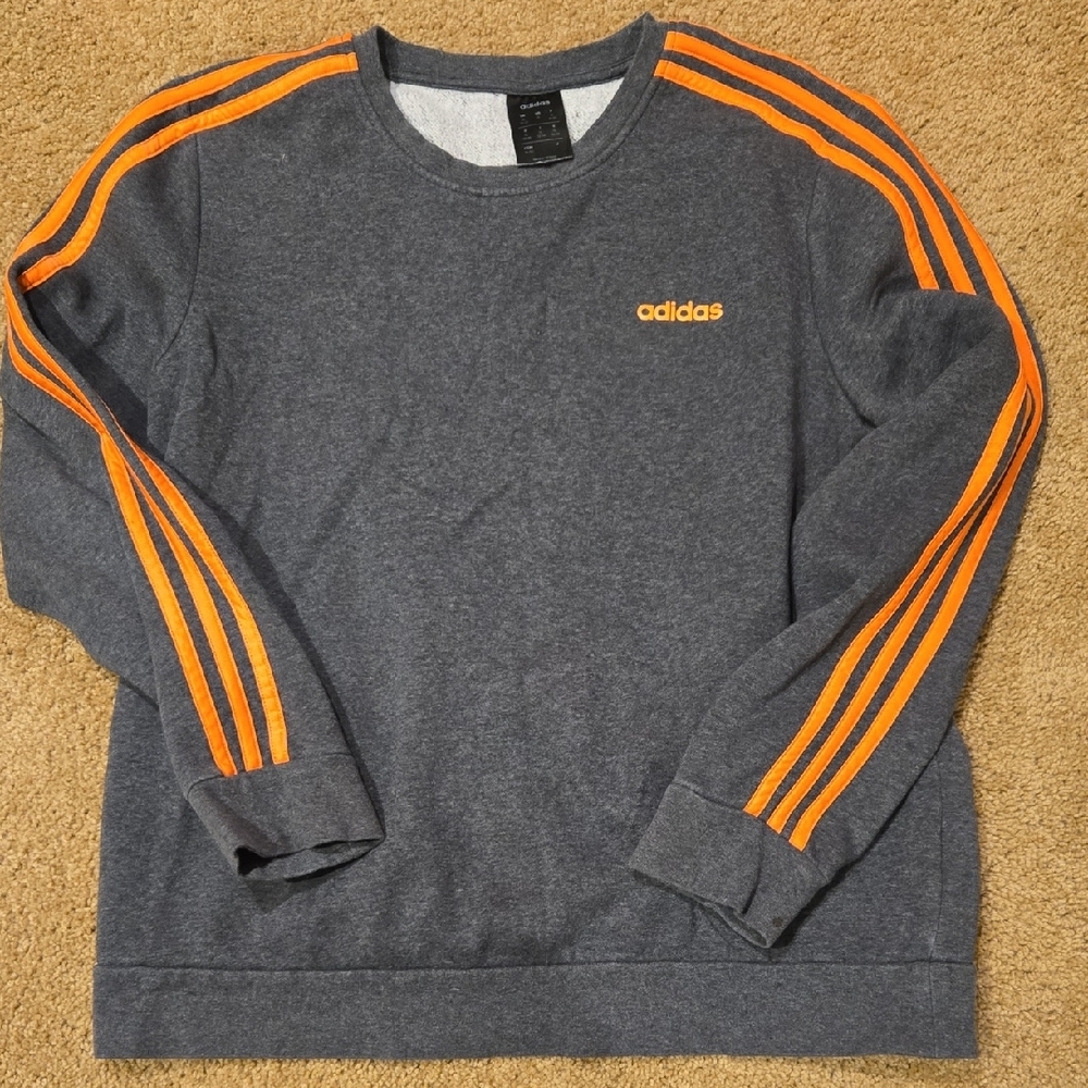 adidas Gray Crewneck Sweater with Orange Three-Stripe Accents